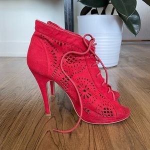 Primark Faux Suede Geometric Lace Up Red Heels